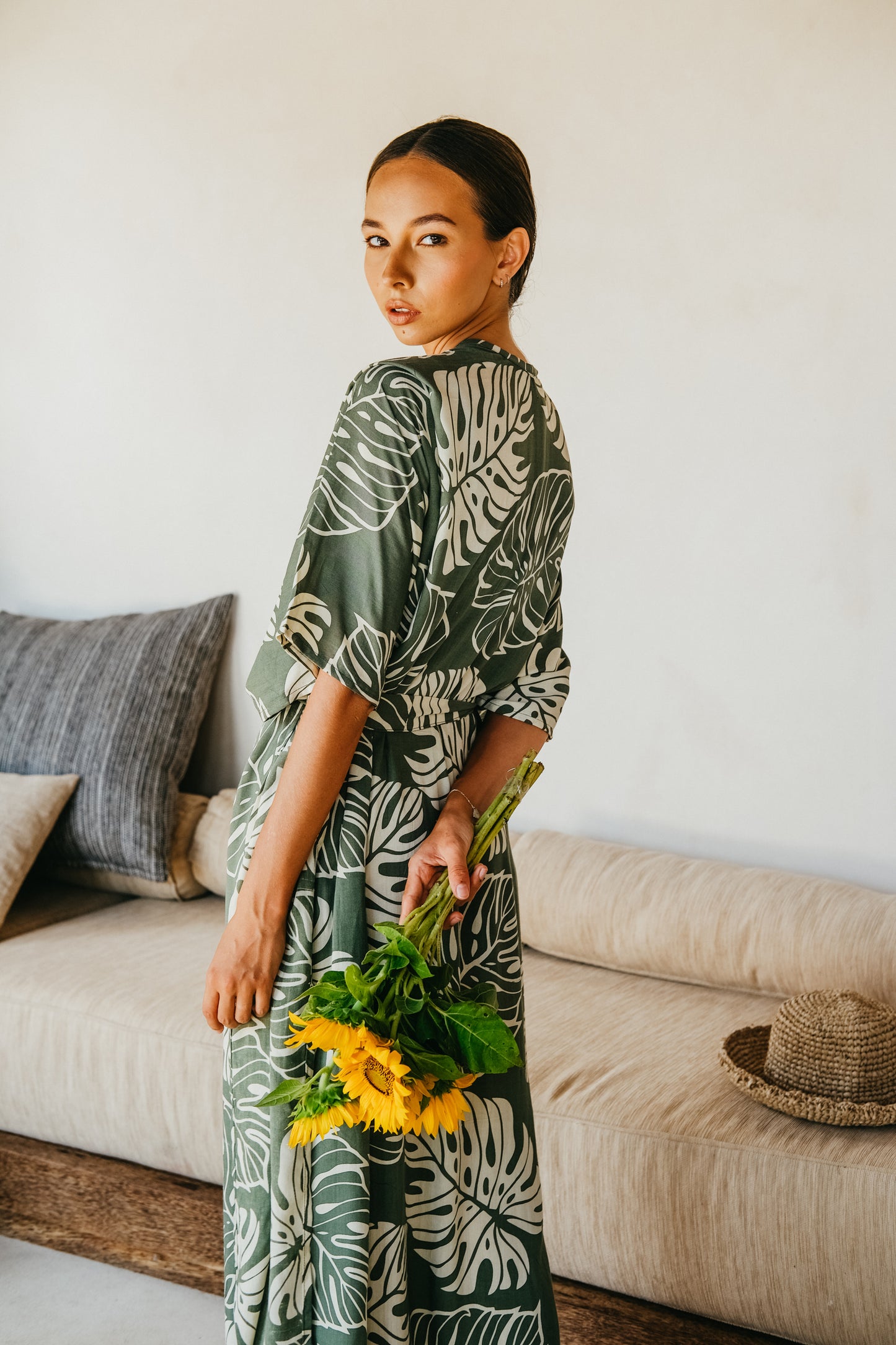 Tropical Palm Leaf Kimono in Green