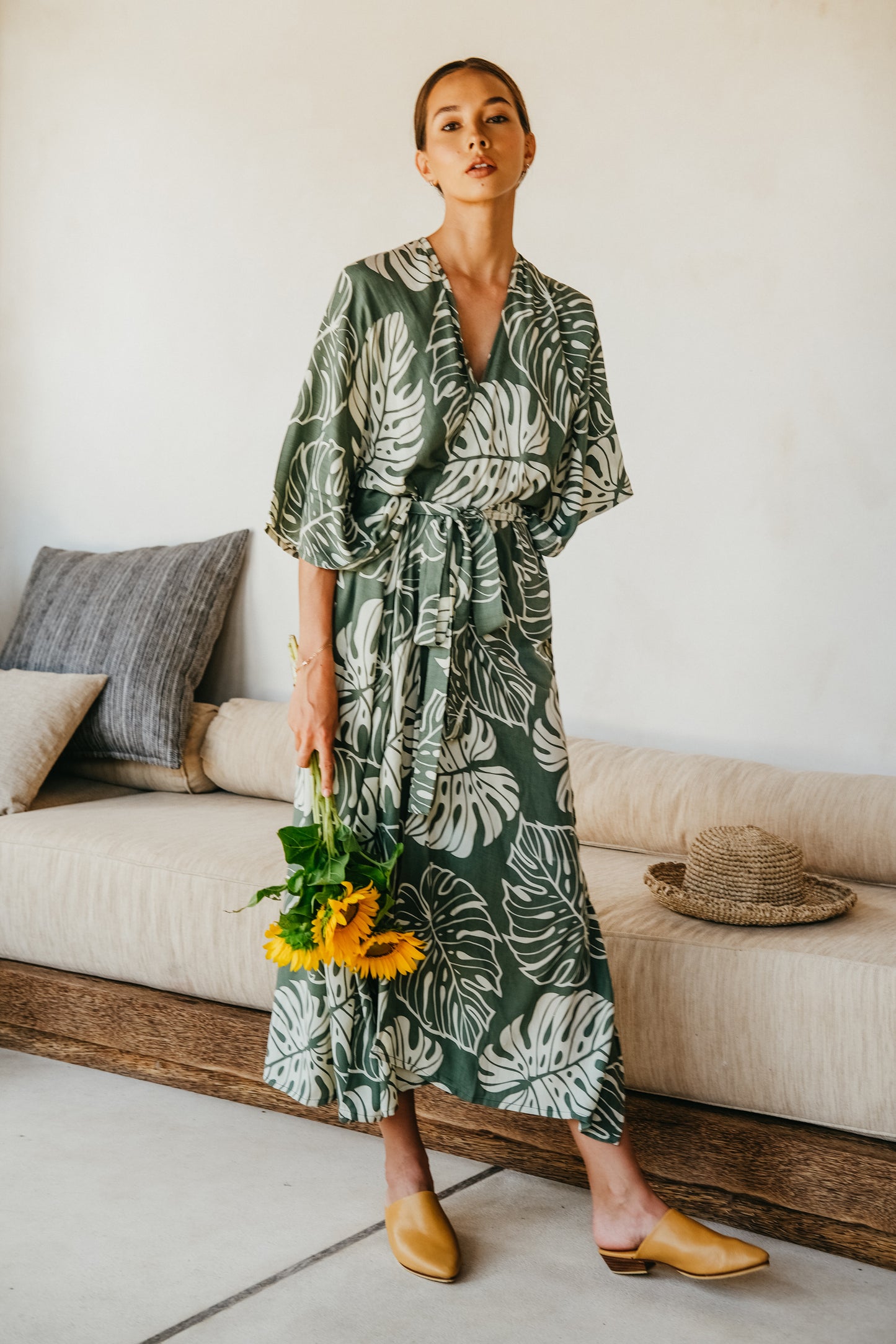 Tropical Palm Leaf Kimono in Green