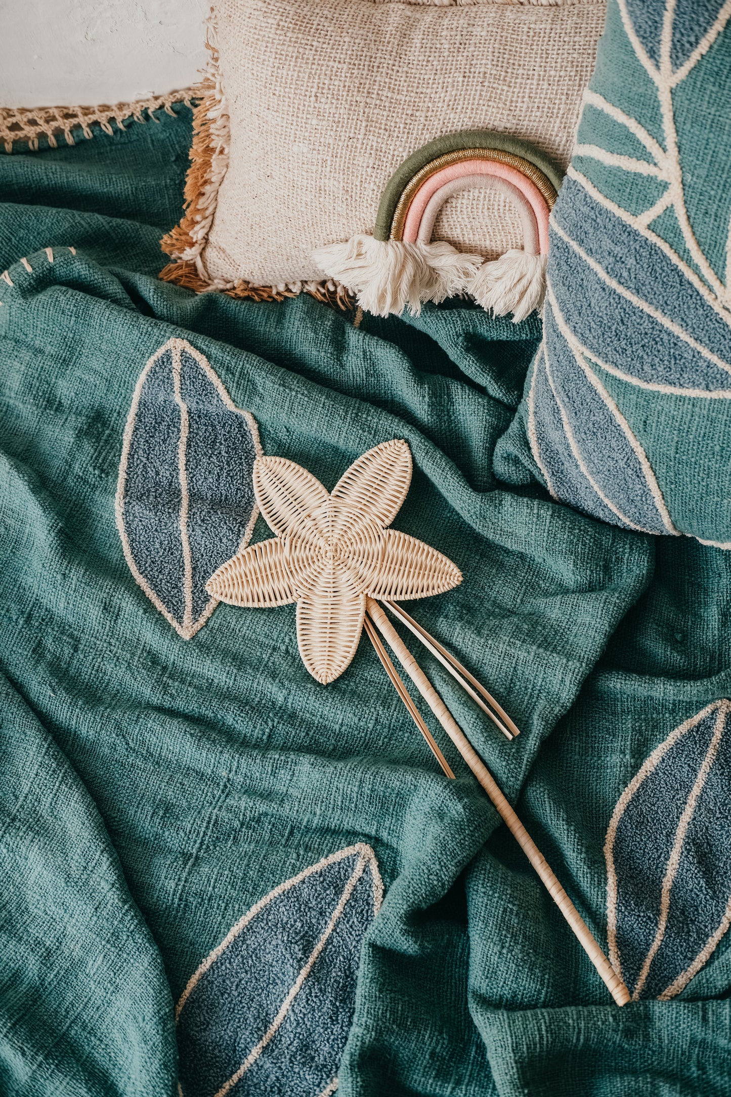 Violette Hand-loomed Organic Cotton Throw Pillow Cover in Teal