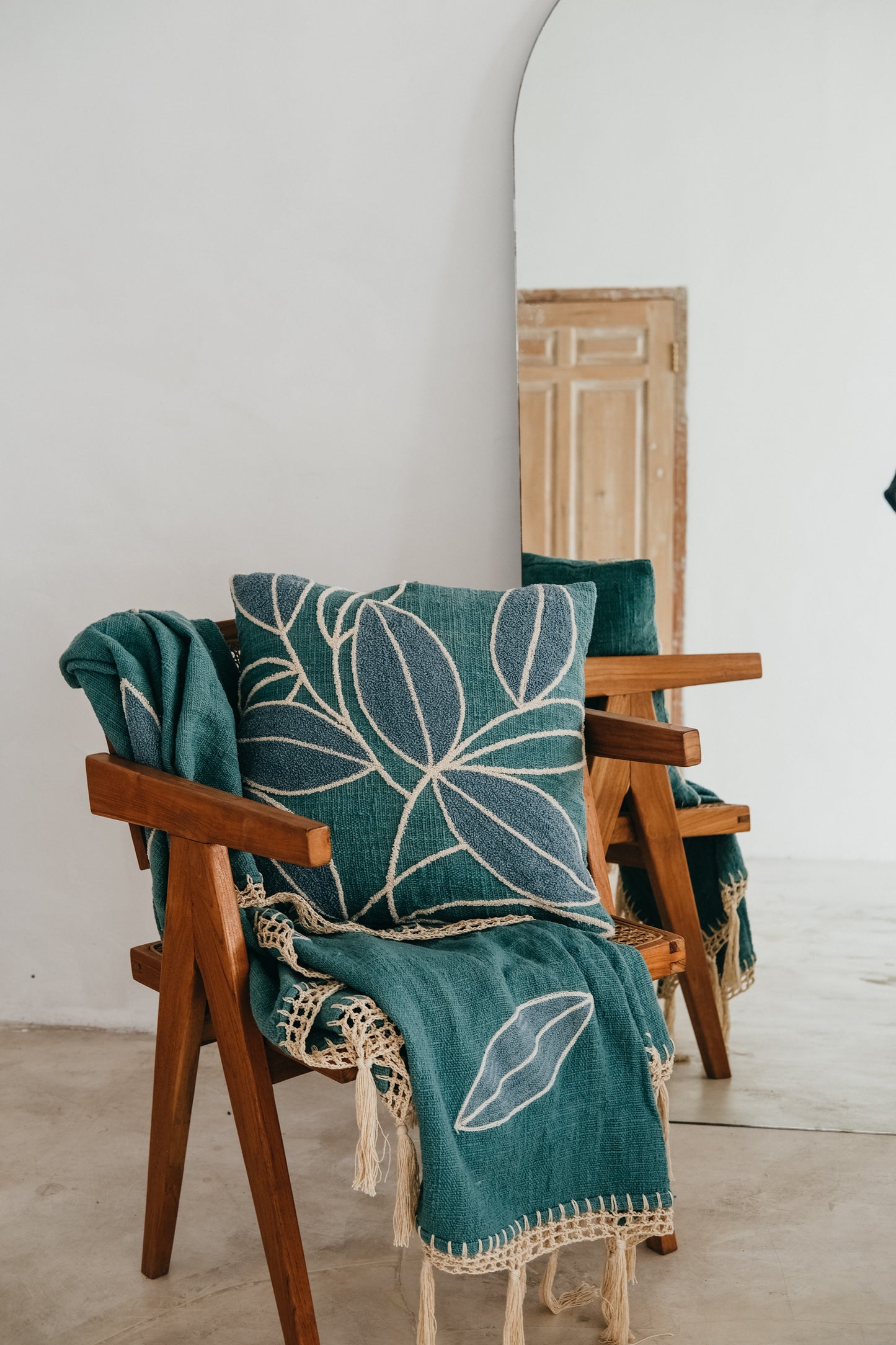 Violette Hand-loomed Organic Cotton Throw Pillow Cover in Teal